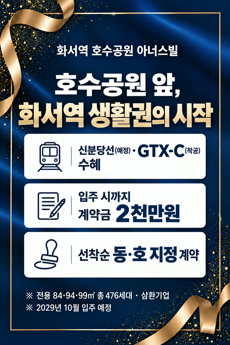 화서역 호수공원 아너스빌 — 입주 시까지 계약금 2천만원 · 1차 계약금 500만원 · 중도금 60% 무이자 · 발코니 확장비 무상 · 다양한 무상옵션, 선착순 동·호 지정 계약